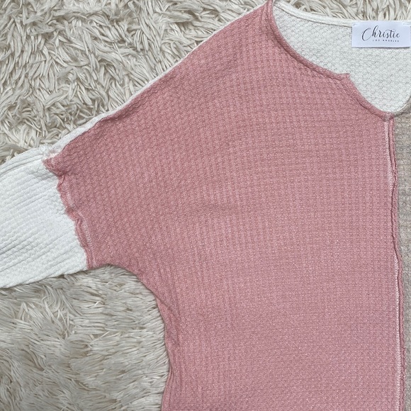 Christie Jenny Boston Waffle Notch Collar Waffle Top 💗 Pink Oatmeal & White - Picture 6 of 15